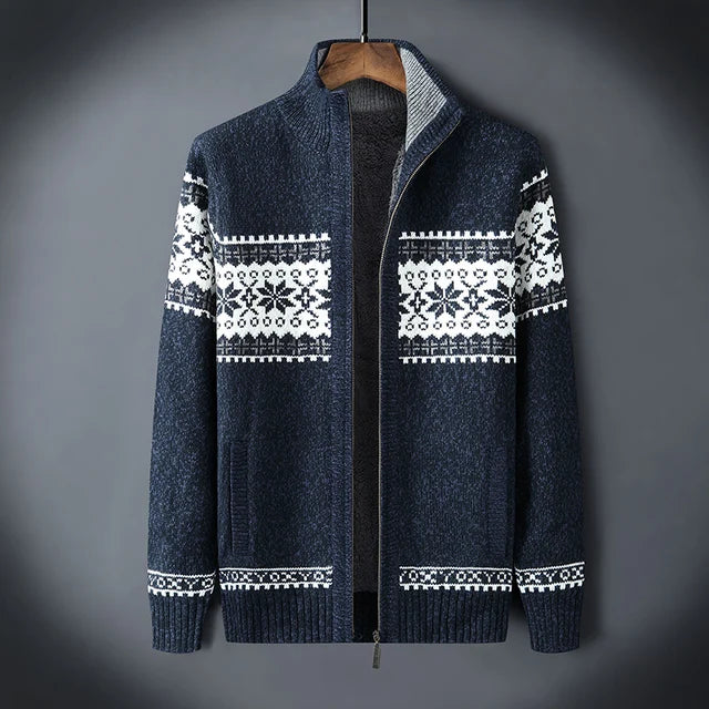 Cardigan Homme En Laine Avec Zip Entier Et Doublure Sherpa Col Montant Jacquard Fair Isle
