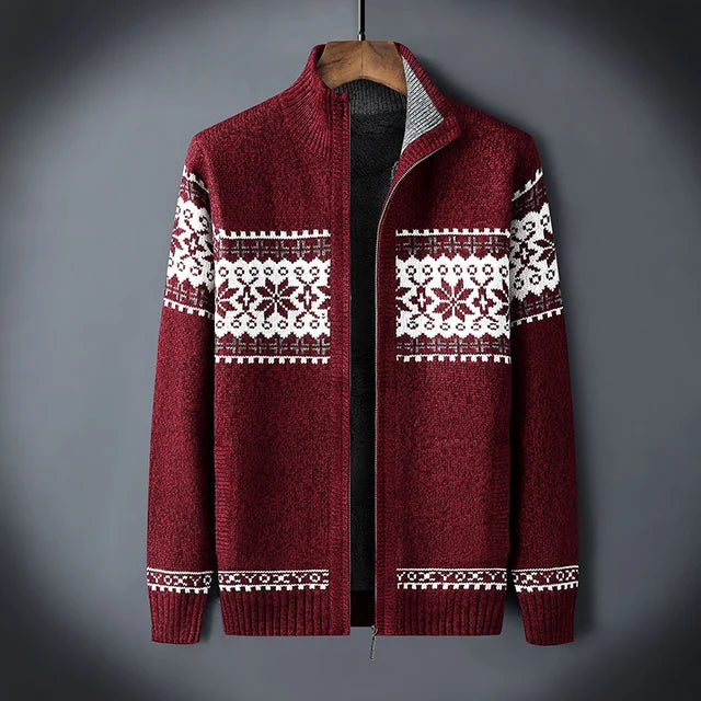Cardigan Homme En Laine Avec Zip Entier Et Doublure Sherpa Col Montant Jacquard Fair Isle