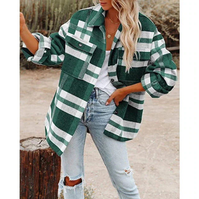 Veste Femme En Mélange De Laine À Carreaux Coupe Oversize Boutons Devant Poches Poitrine