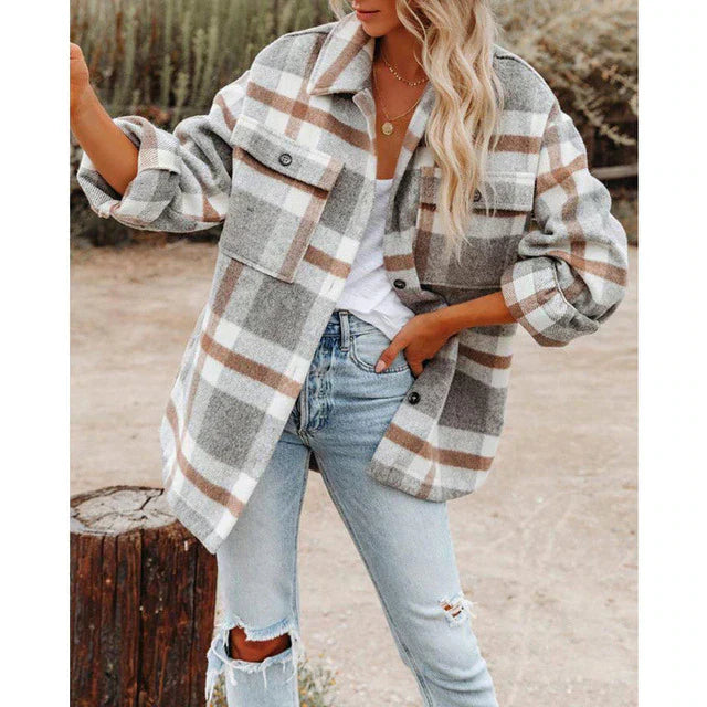 Veste Femme En Mélange De Laine À Carreaux Coupe Oversize Boutons Devant Poches Poitrine