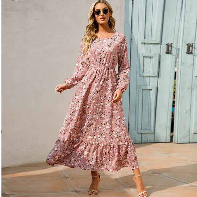 Damen-Blumenkleid mit Rundhals-Ausschnitt, modisch geschnitten