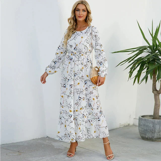 Damen-Blumenkleid mit Rundhals-Ausschnitt, modisch geschnitten