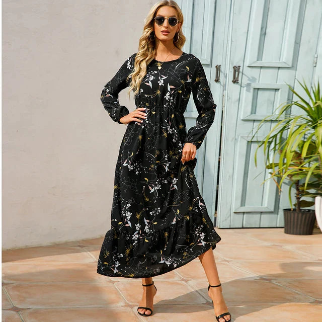 Damen-Blumenkleid mit Rundhals-Ausschnitt, modisch geschnitten