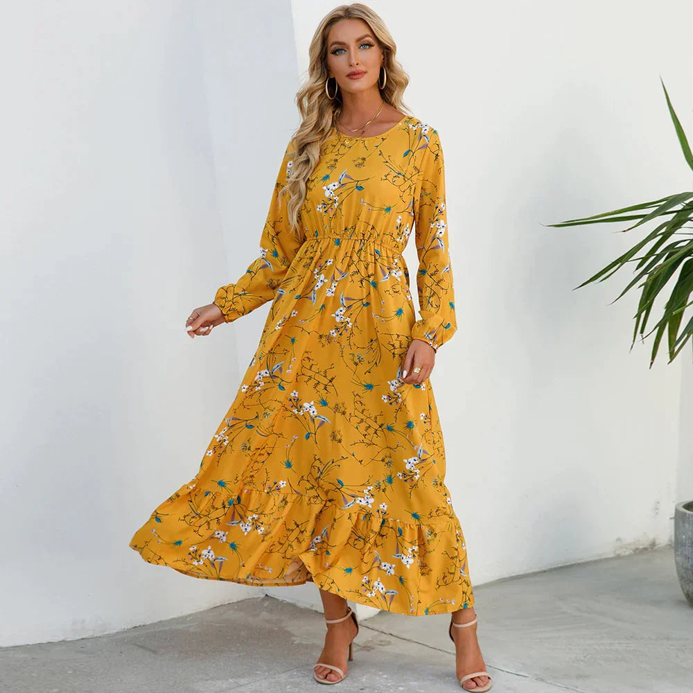 Damen-Blumenkleid mit Rundhals-Ausschnitt, modisch geschnitten