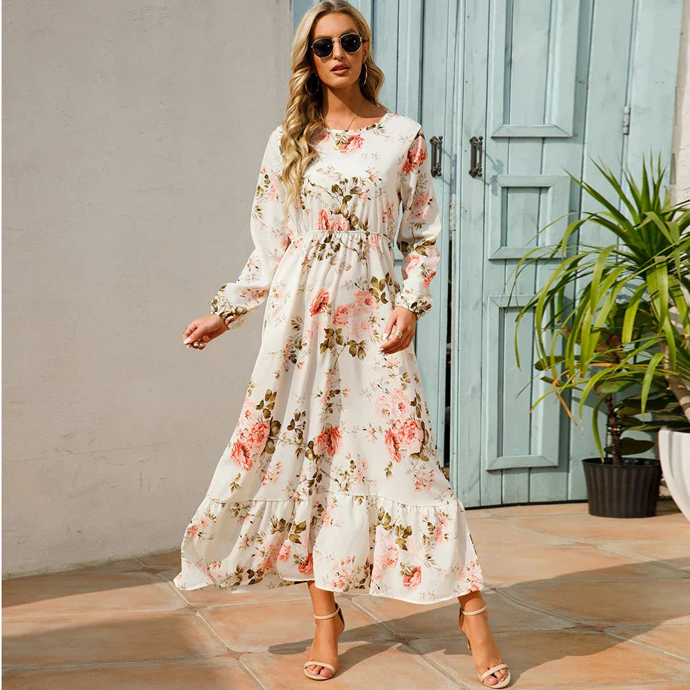 Damen-Blumenkleid mit Rundhals-Ausschnitt, modisch geschnitten