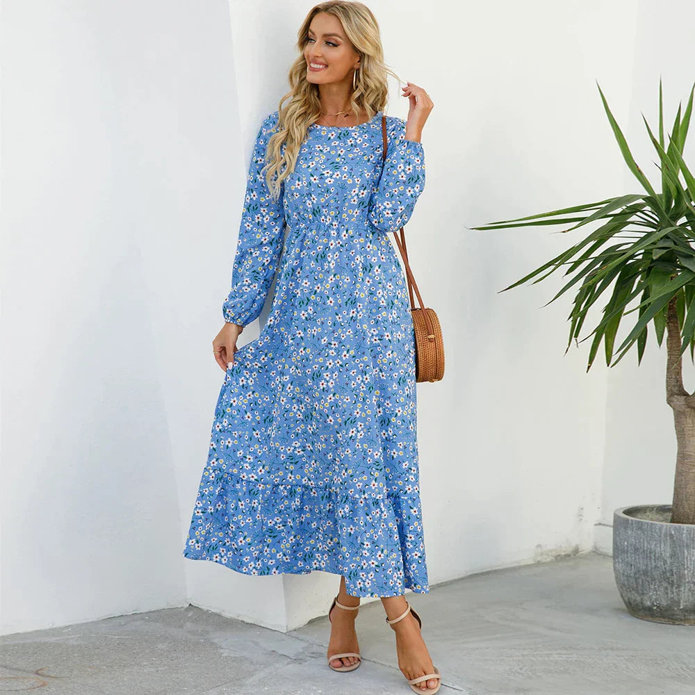 Damen-Blumenkleid mit Rundhals-Ausschnitt, modisch geschnitten