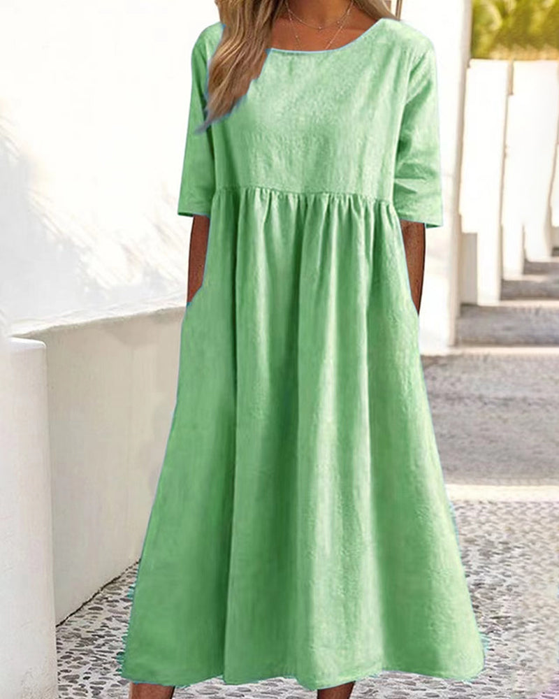 Robe Midi Femme Ample Col Rond Coupe Ligne en A Avec Poches Pratiques et Confortable Amawinc