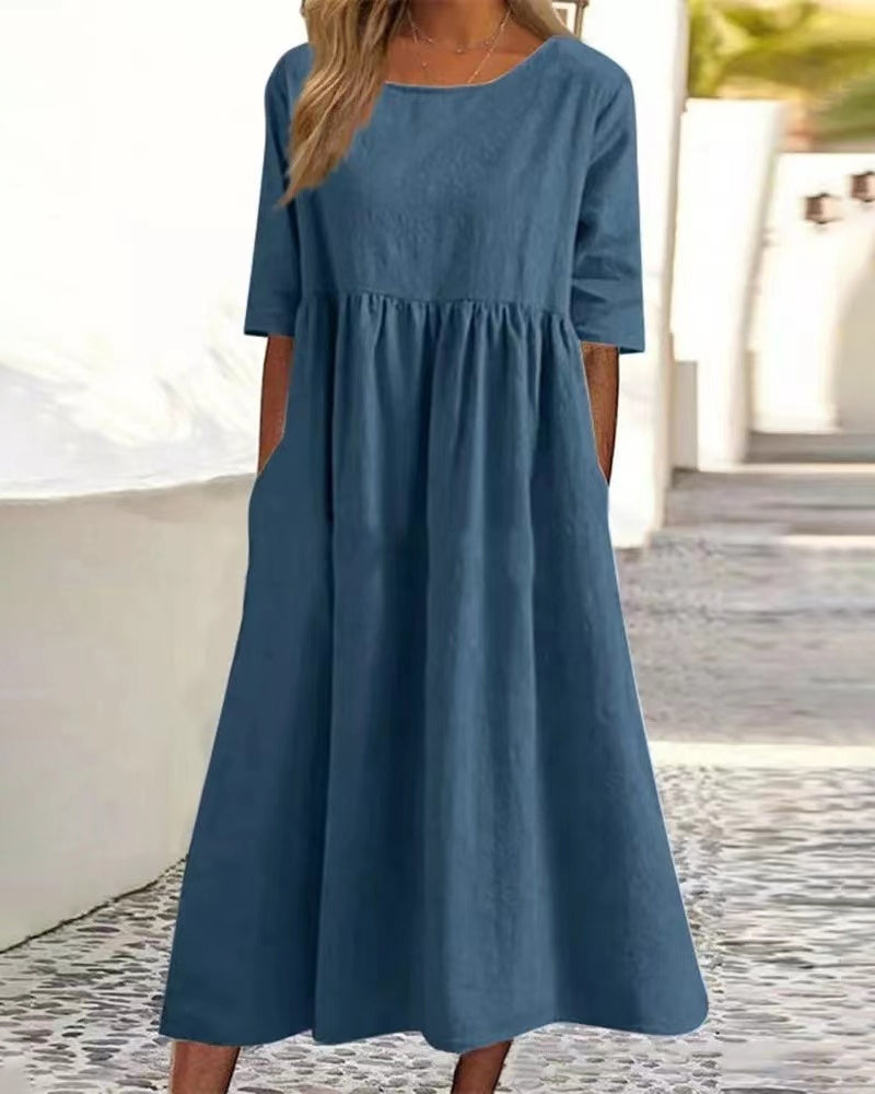 Robe Midi Femme Ample Col Rond Coupe Ligne en A Avec Poches Pratiques et Confortable Amawinc