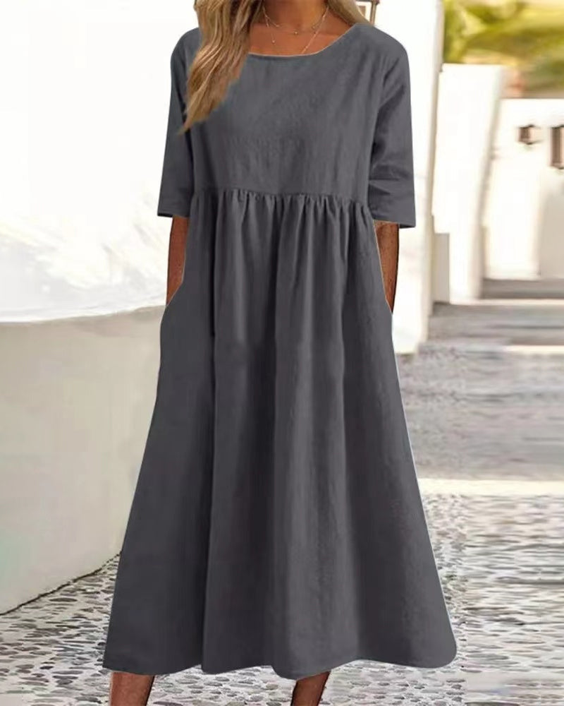 Robe Midi Femme Ample Col Rond Coupe Ligne en A Avec Poches Pratiques et Confortable Amawinc