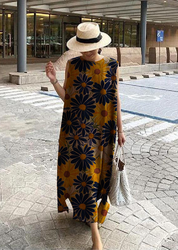 Robe Maxi Bohème En Lin Coton Avec Fente Latérale Imprimé Floral Blanc Pour Femme Confort Quotidien