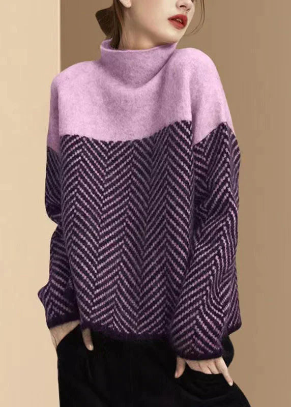 Pull Col Roulé Femme Maille En Laine Coupe Décontractée Motif En Chevrons Ourlet Côtelé