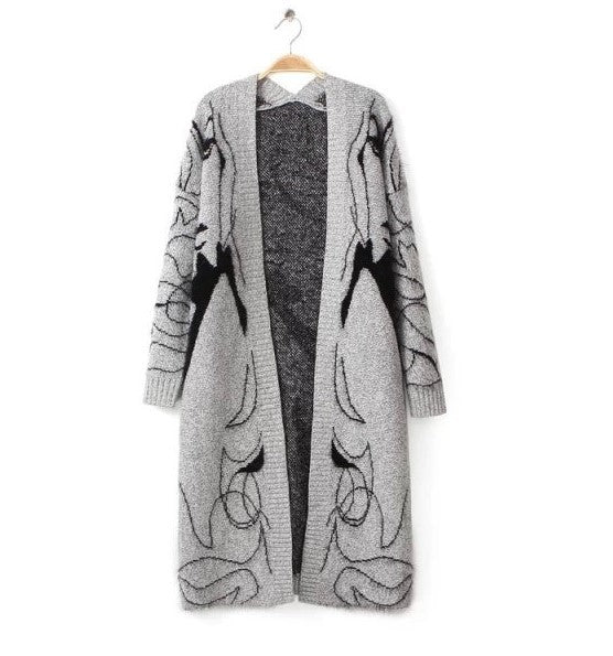 Damen Lange Strickjacke mit kunstvollem Muster Amawinc