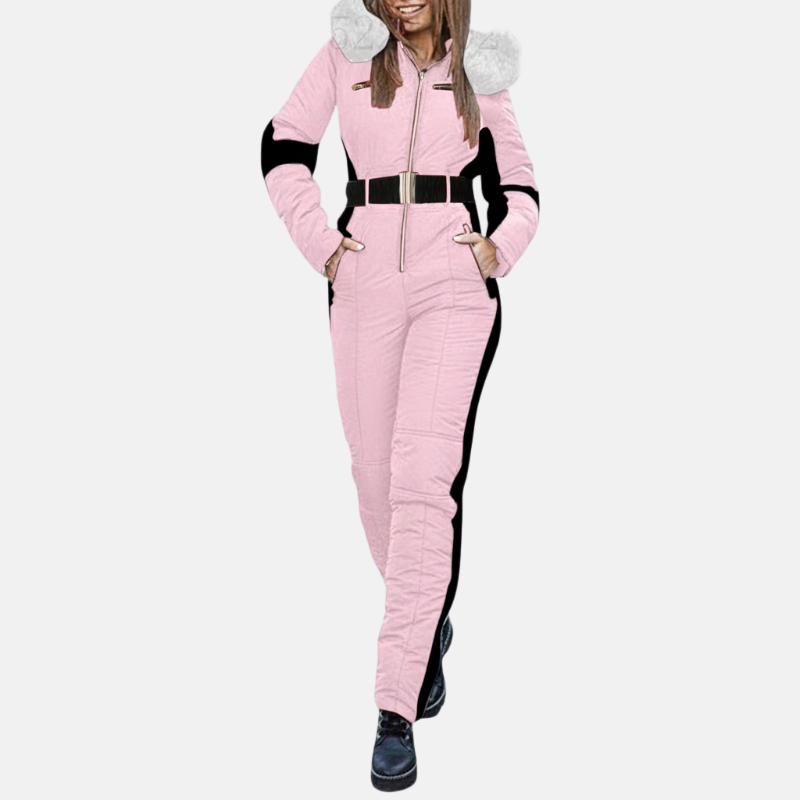 Combinaison De Ski Pour Femme Ceinturée Avec Capuche Pelucheuse Et Fermeture Éclair Pratique Poches