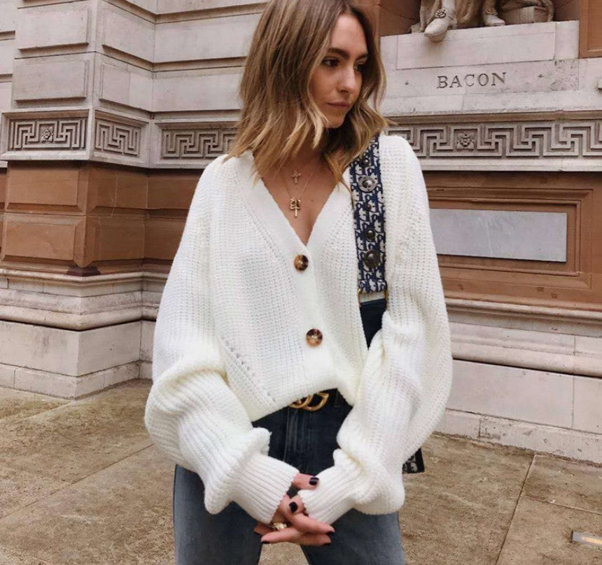 Damen Strickjacke mit tiefem V-Ausschnitt und Knöpfen Amawinc