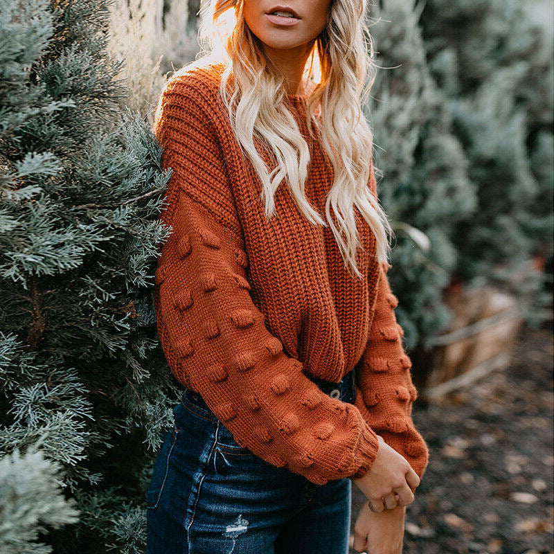 Damen Strickpullover mit strukturiertem Design und lässigen Puffärmeln Amawinc