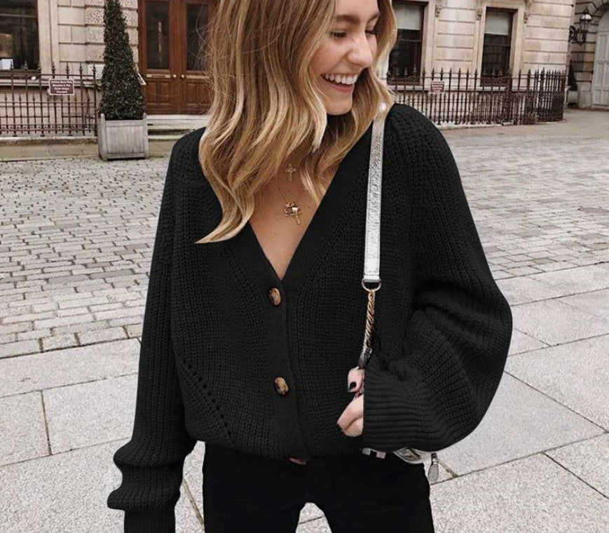 Damen Strickjacke mit tiefem V-Ausschnitt und Knöpfen Amawinc