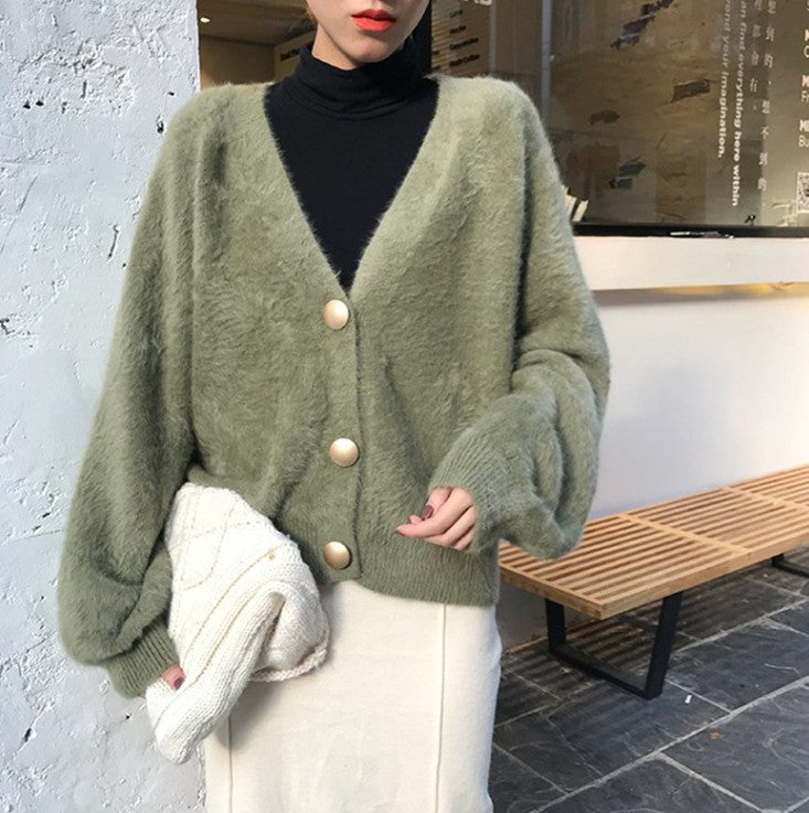 Damen Flauschige Strickjacke mit großen Knöpfen und voluminösen Ärmeln Amawinc