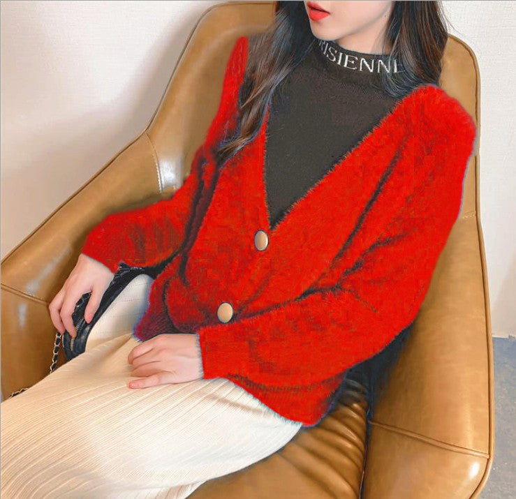 Damen Flauschige Strickjacke mit großen Knöpfen und voluminösen Ärmeln Amawinc