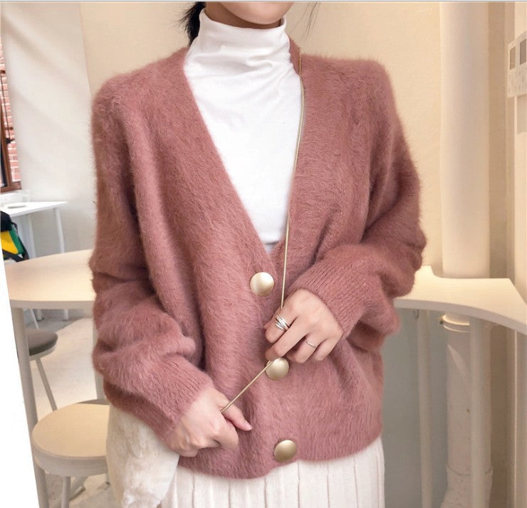 Damen Flauschige Strickjacke mit großen Knöpfen und voluminösen Ärmeln Amawinc