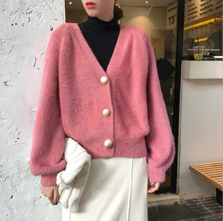 Damen Flauschige Strickjacke mit großen Knöpfen und voluminösen Ärmeln Amawinc