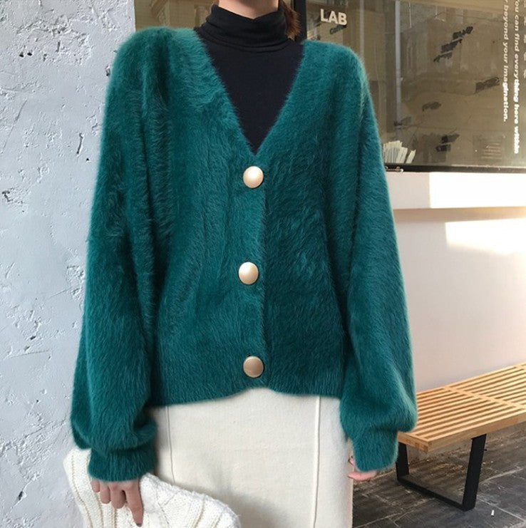 Damen Flauschige Strickjacke mit großen Knöpfen und voluminösen Ärmeln Amawinc