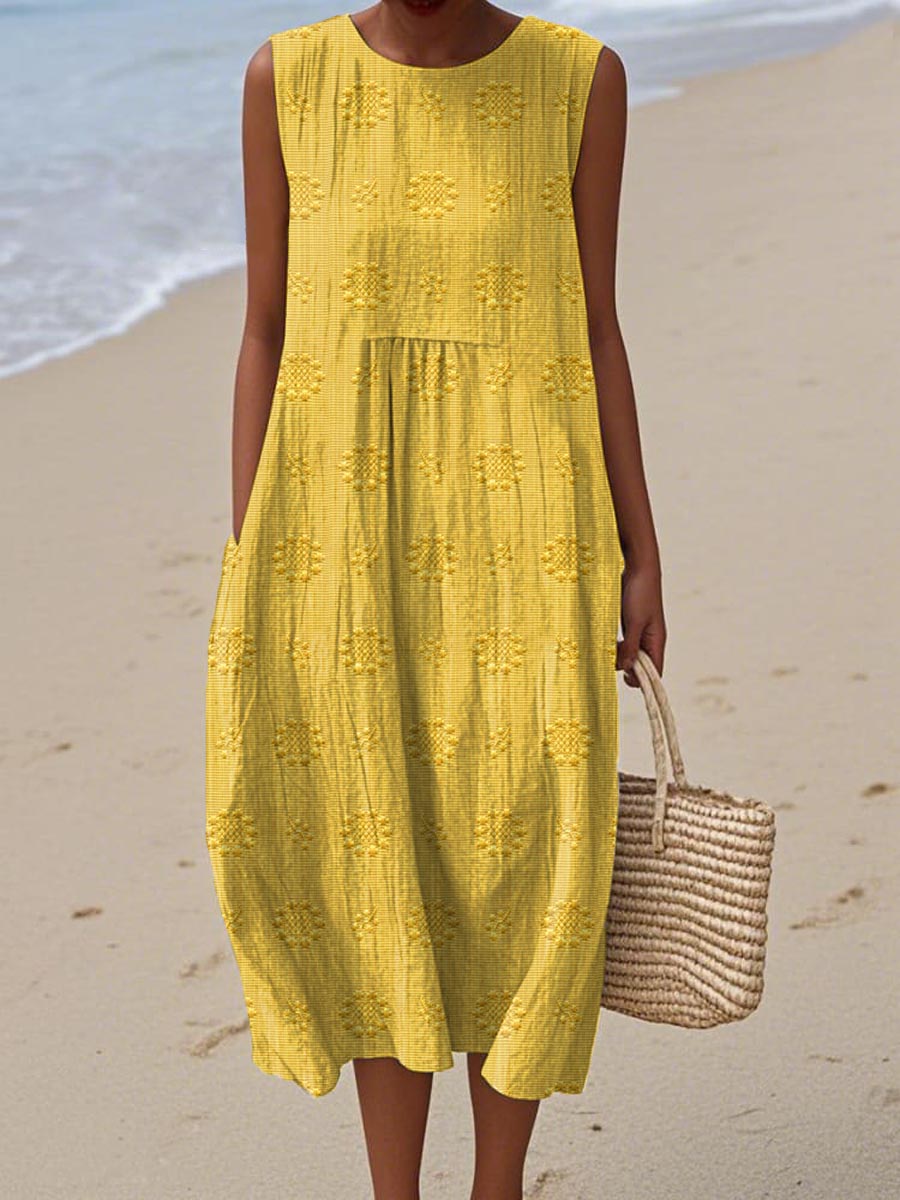 Robe Midi Texturée Olivia Sans Manches Avec Motifs Circulaires Subtils Pour Jours Ensoleillés Et Weekends