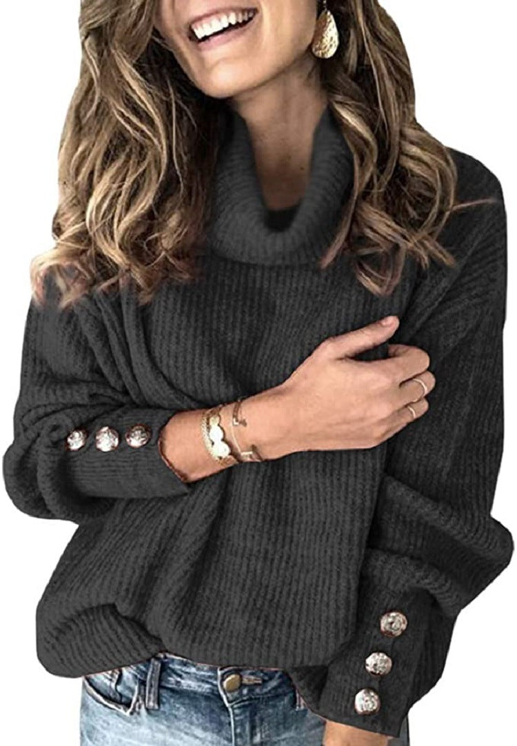 Damen Oversized Rollkragenpullover mit dekorativen Knöpfen Amawinc