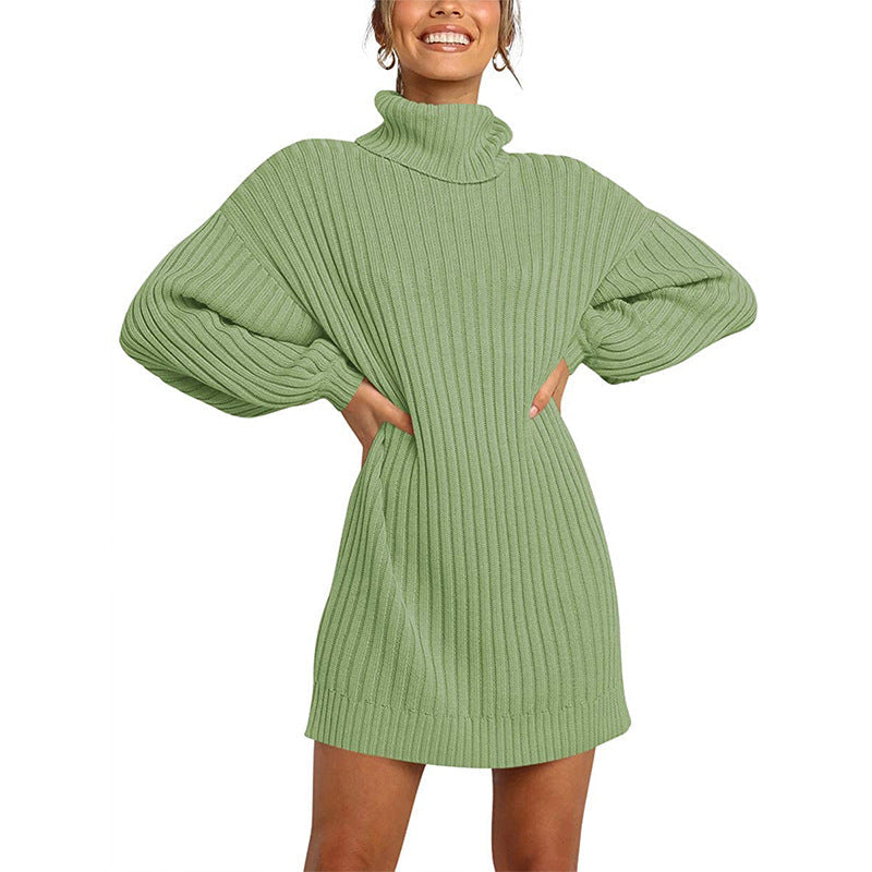 Damen Strickkleid mit hohem Kragen und weit geschnittenen Ärmeln Amawinc