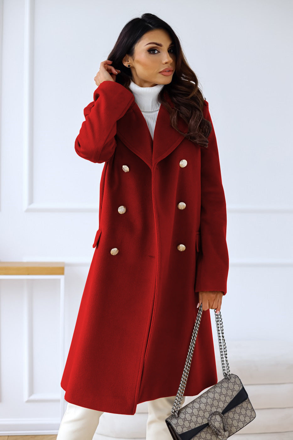 Manteau Long Femme En Laine Mélangée Revers Larges Coupe Décontractée Double Boutonnage Amawinc