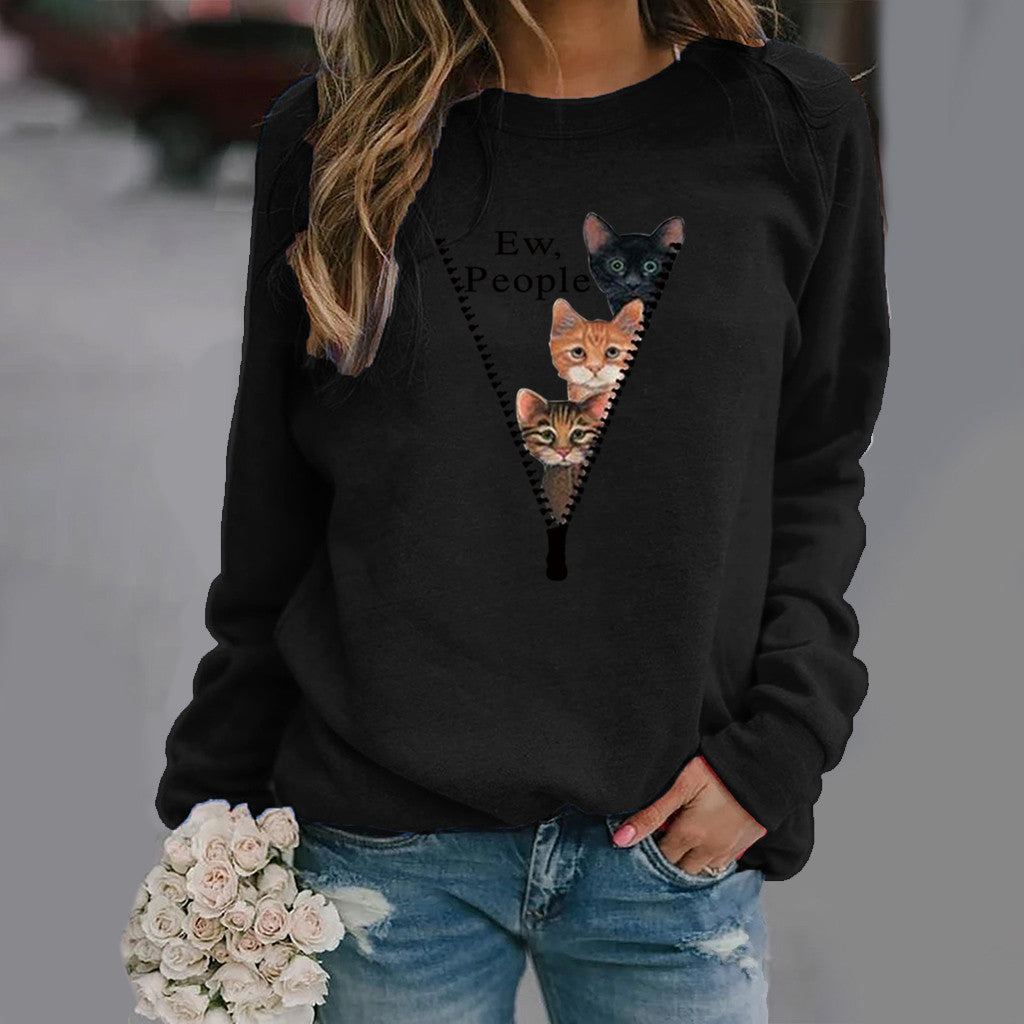 Sweatshirt Femmes Col Rond Avec Graphique Chat Mélange Coton Doux Coupe Décontractée Nordisk Flair