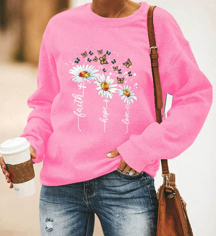 Sweat Femme Décontracté En Mélange De Coton Avec Impression Botanique Col Rond Et Manches Longues