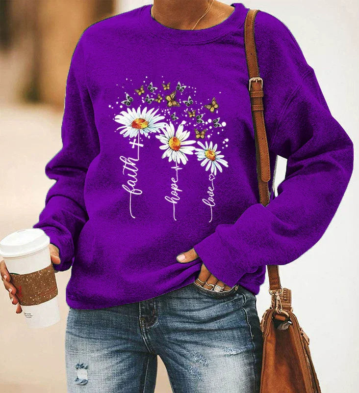 Sweat Femme Décontracté En Mélange De Coton Avec Impression Botanique Col Rond Et Manches Longues