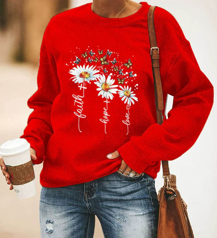 Sweat Femme Décontracté En Mélange De Coton Avec Impression Botanique Col Rond Et Manches Longues