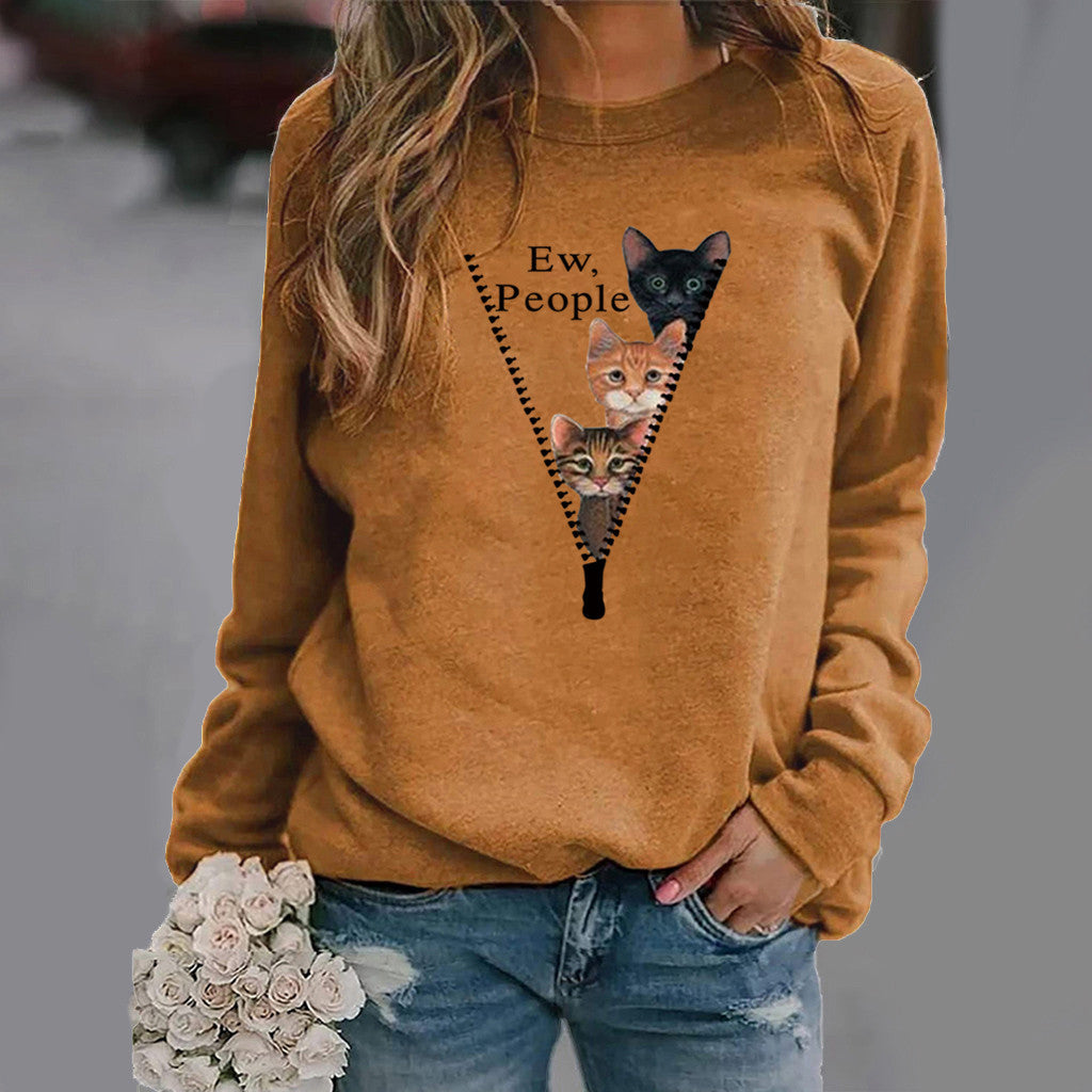 Sweatshirt Femmes Col Rond Avec Graphique Chat Mélange Coton Doux Coupe Décontractée Nordisk Flair