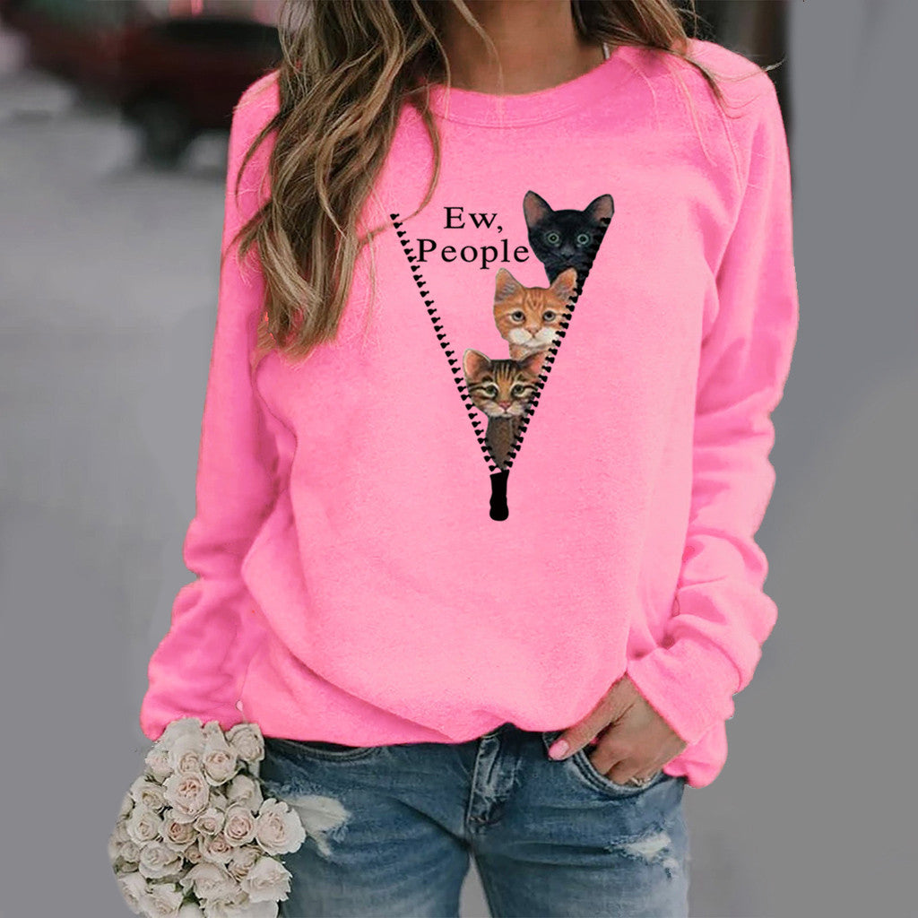 Sweatshirt Femmes Col Rond Avec Graphique Chat Mélange Coton Doux Coupe Décontractée Nordisk Flair