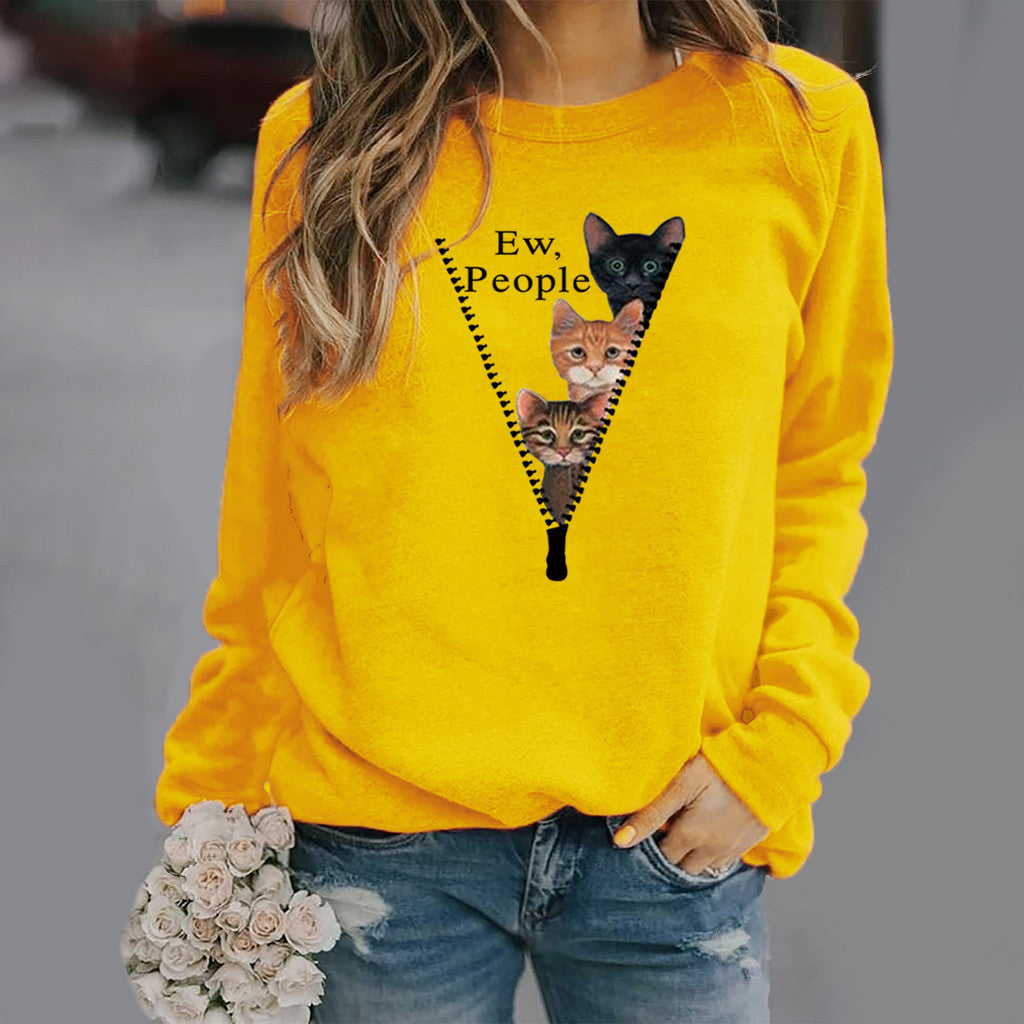 Sweatshirt Femmes Col Rond Avec Graphique Chat Mélange Coton Doux Coupe Décontractée Nordisk Flair