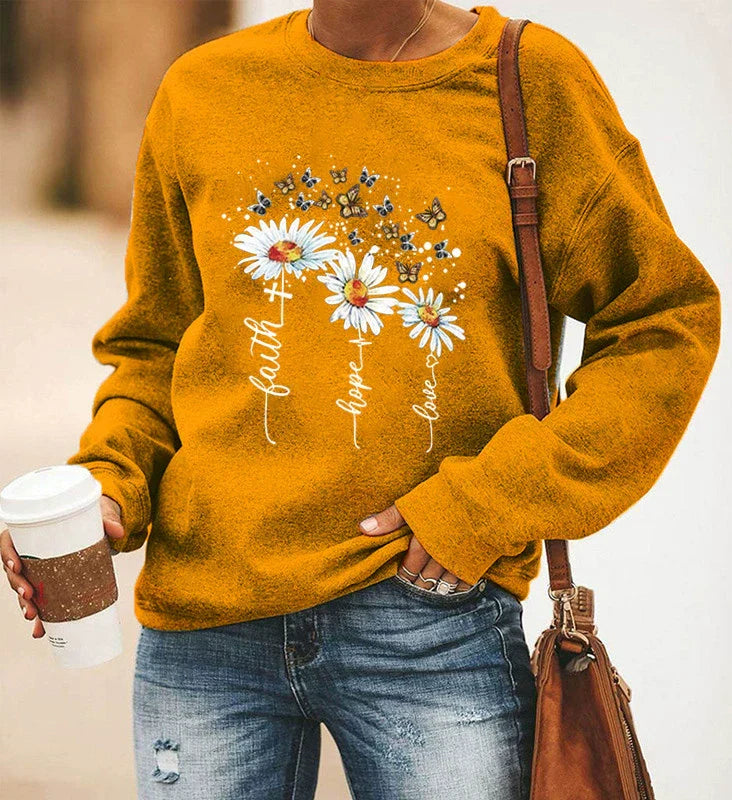 Sweat Femme Décontracté En Mélange De Coton Avec Impression Botanique Col Rond Et Manches Longues