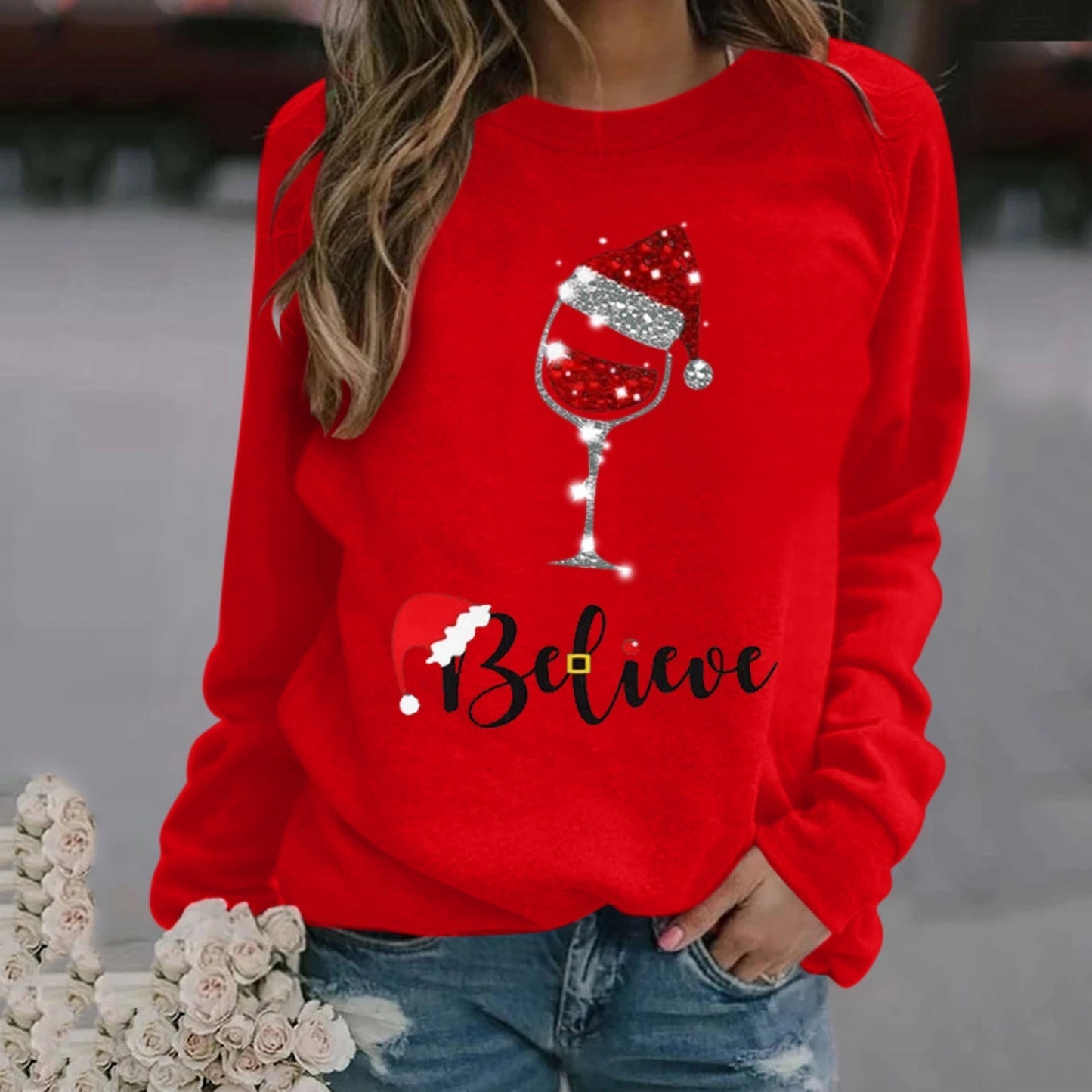 Sweatshirt Femme Coupe Décontractée en Mélange Coton Col Ras du Cou Graphique Festif