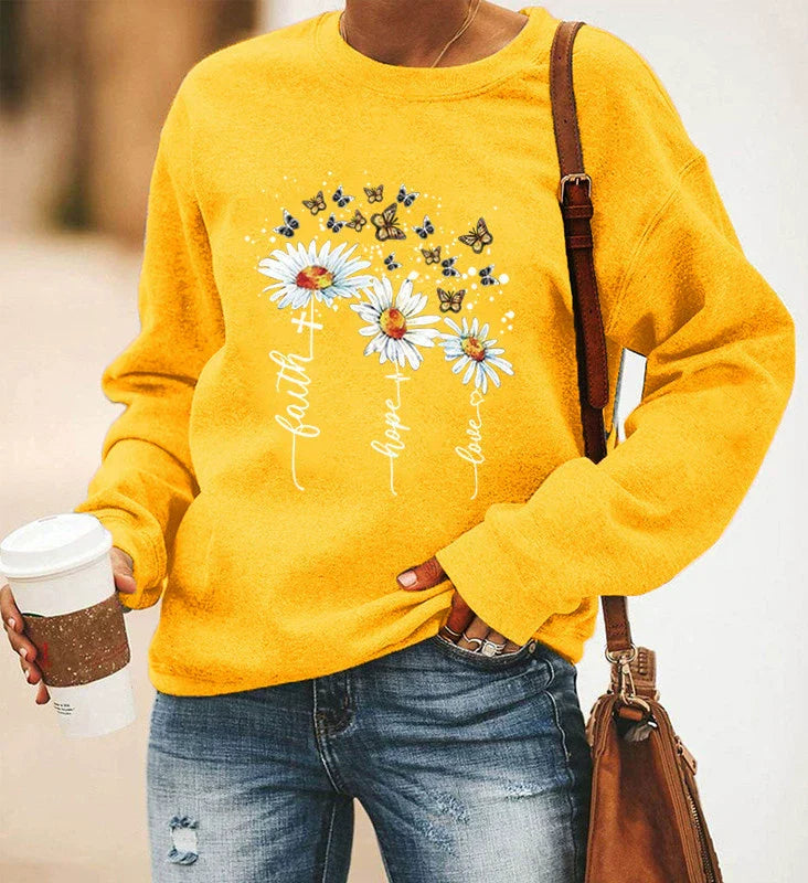 Sweat Femme Décontracté En Mélange De Coton Avec Impression Botanique Col Rond Et Manches Longues