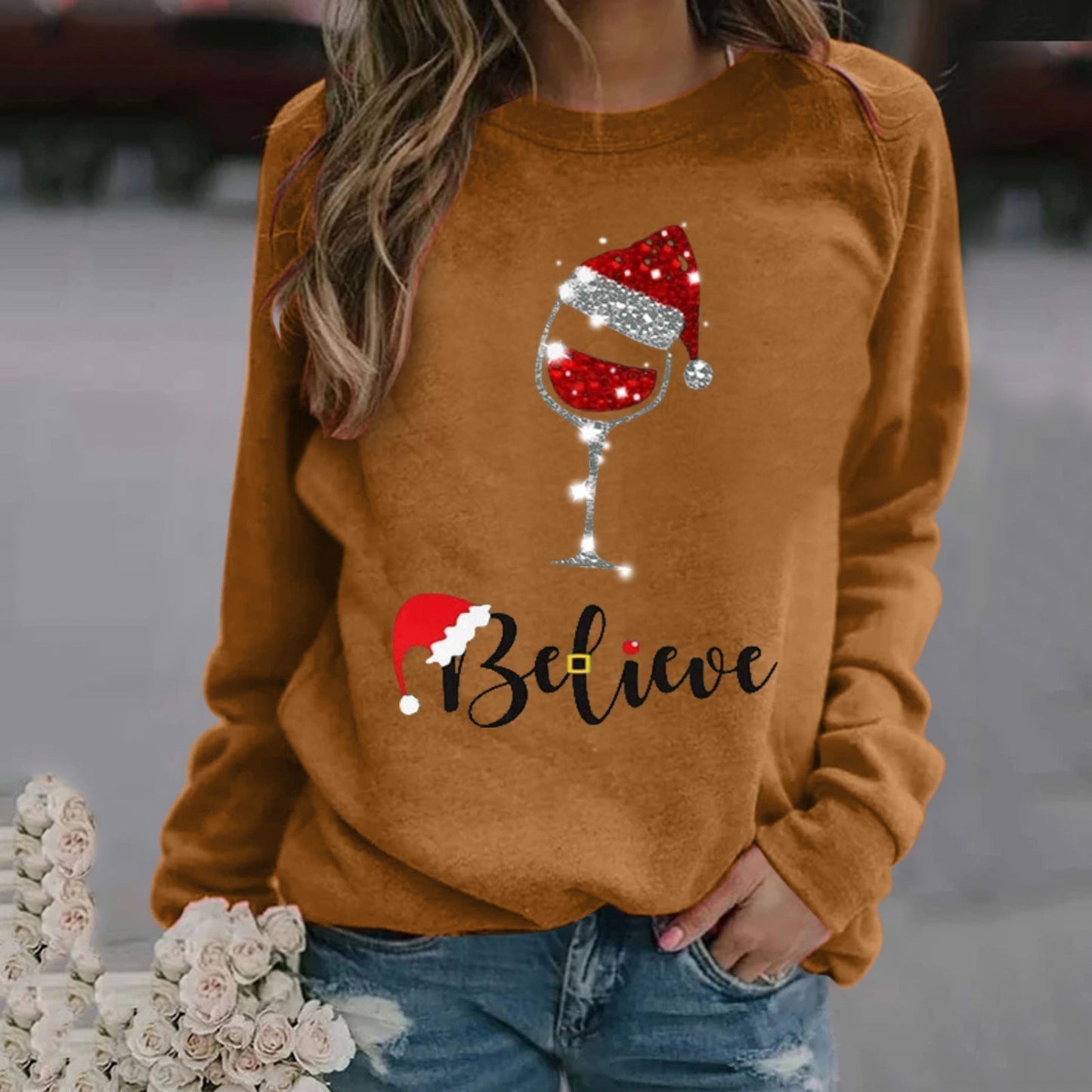 Sweatshirt Femme Coupe Décontractée en Mélange Coton Col Ras du Cou Graphique Festif