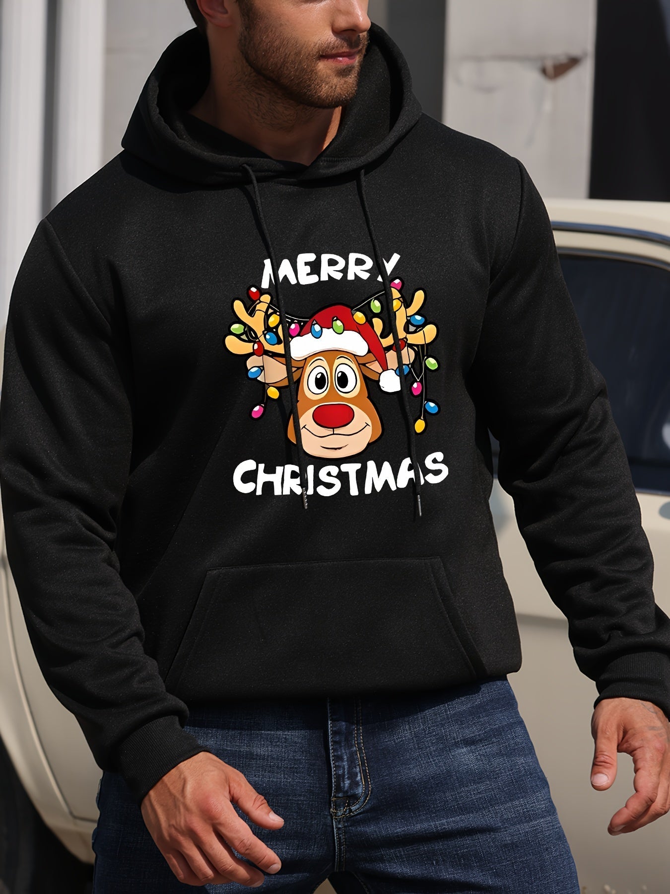 Amawinc | Weihnachtskapuzenpullover mit Rentierdruck Polyester Frohe Weihnachten Design