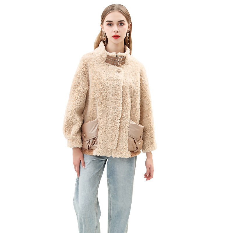 Damen kuschelige Oversize-Jacke mit dekorativen Taschen Amawinc