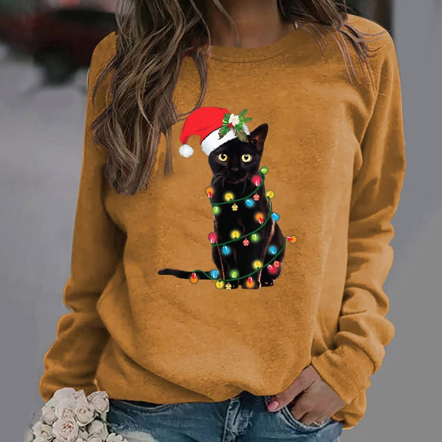 Sweatshirt Femme En Coton Mélangé Coupe Décontractée Col Rond Manches Longues Graphique