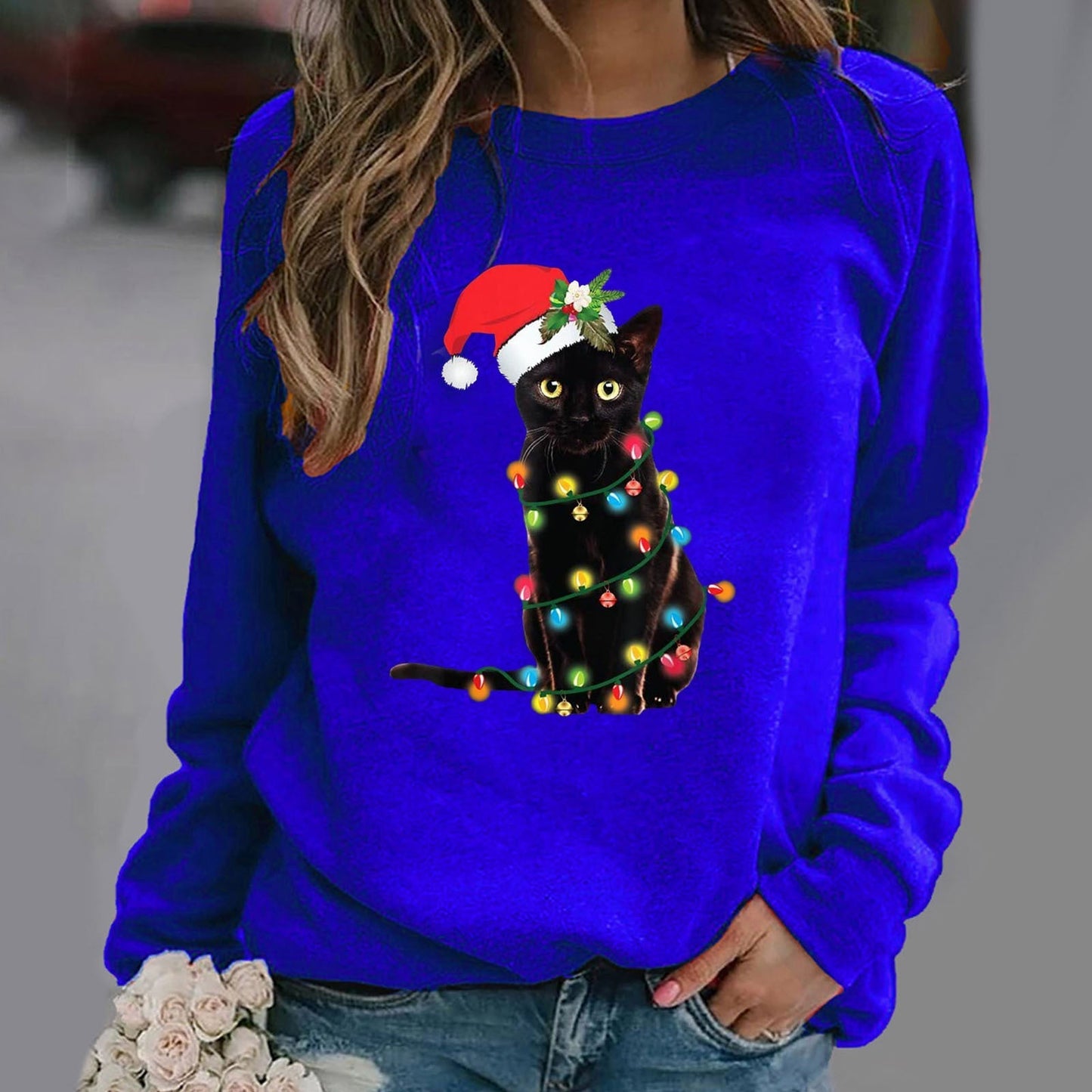 Sweatshirt Femme En Coton Mélangé Coupe Décontractée Col Rond Manches Longues Graphique