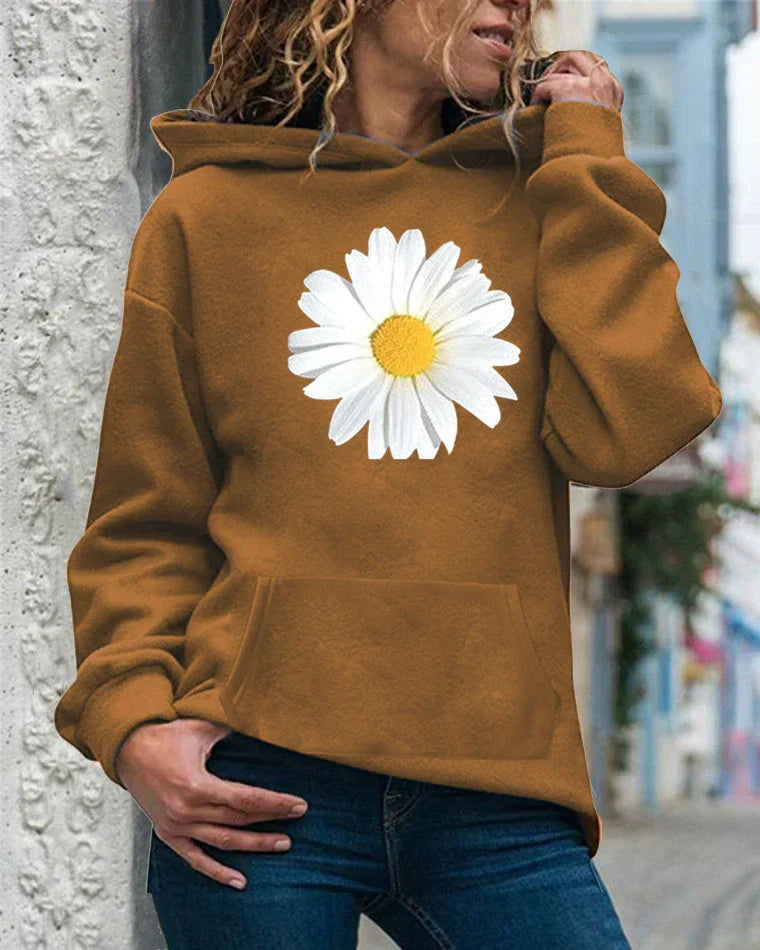 Sweat à Capuche Femme Coupe Décontractée Fleece Doux Motif Marguerites Poche Kangourou Nordisk Flair