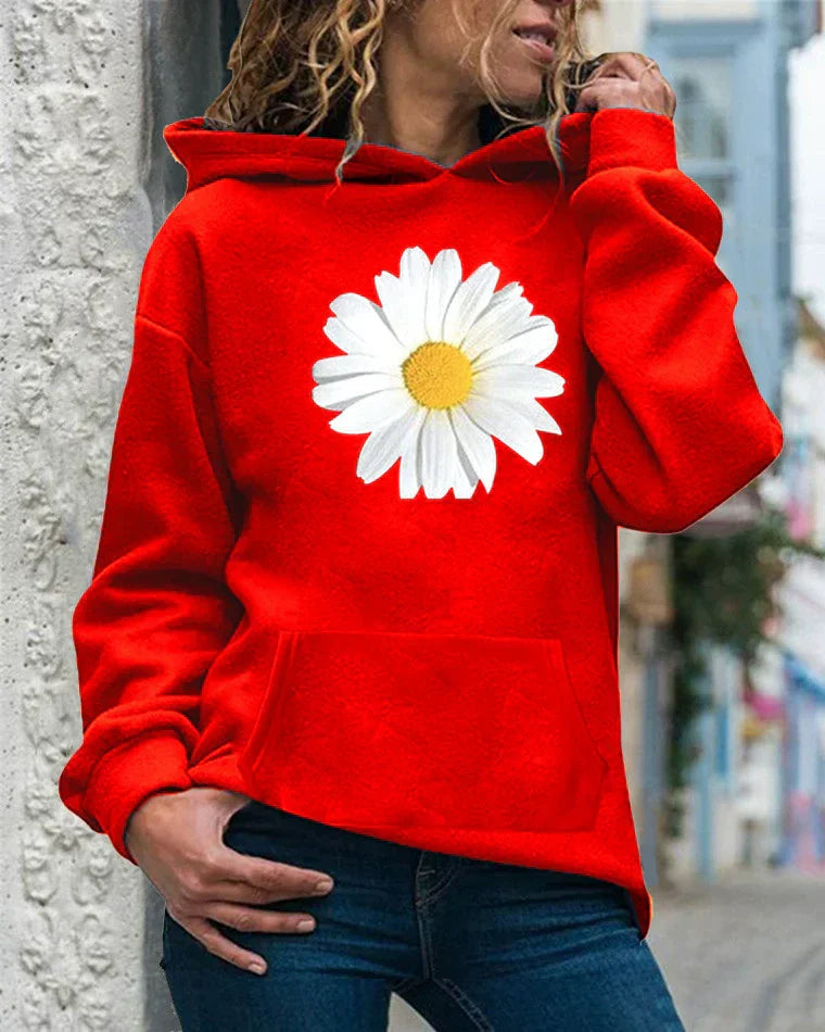 Sweat à Capuche Femme Coupe Décontractée Fleece Doux Motif Marguerites Poche Kangourou Nordisk Flair