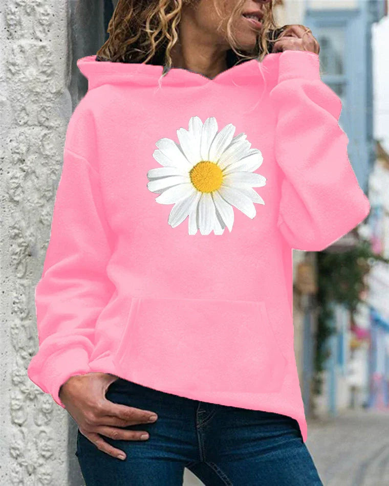 Sweat à Capuche Femme Coupe Décontractée Fleece Doux Motif Marguerites Poche Kangourou Nordisk Flair