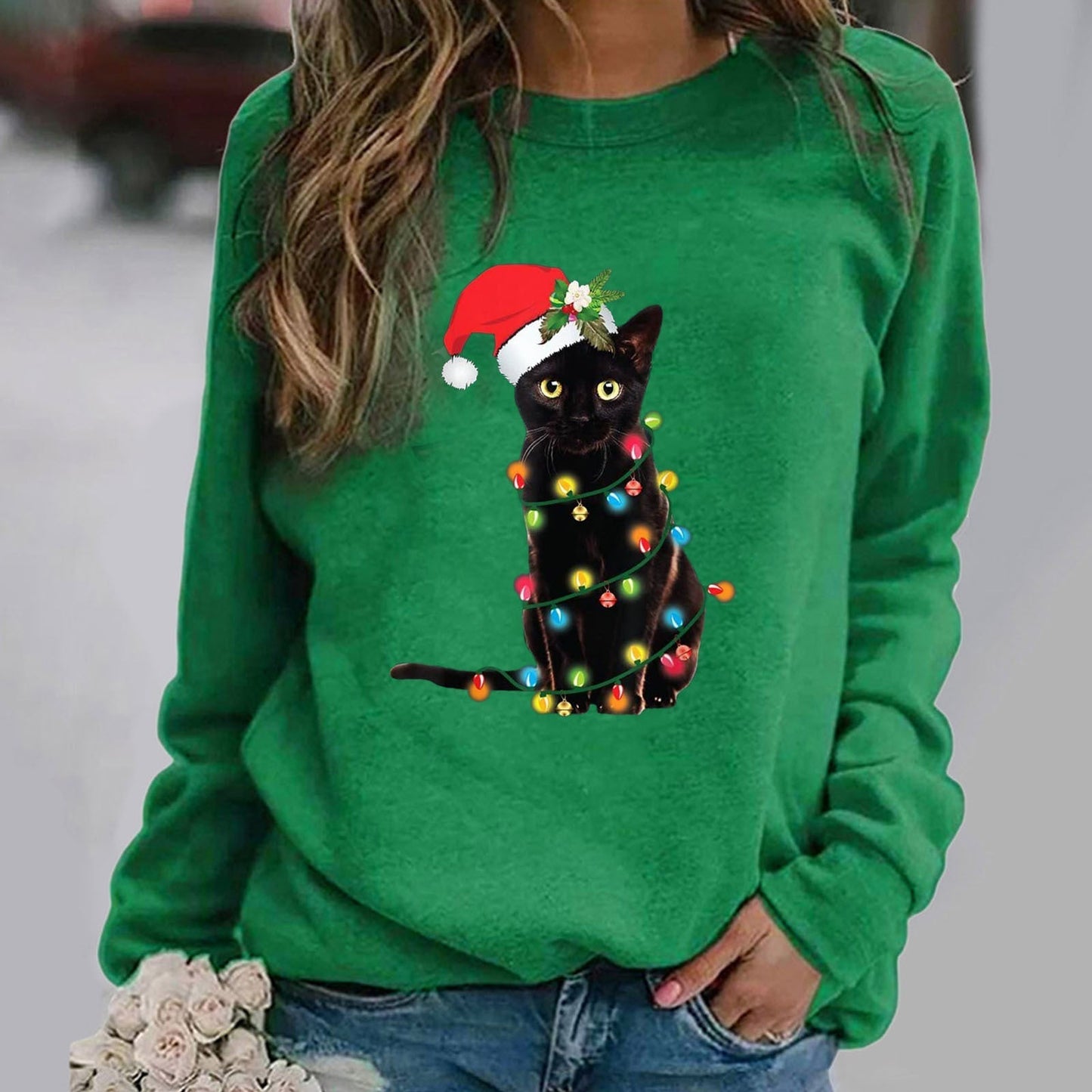 Sweatshirt Femme En Coton Mélangé Coupe Décontractée Col Rond Manches Longues Graphique