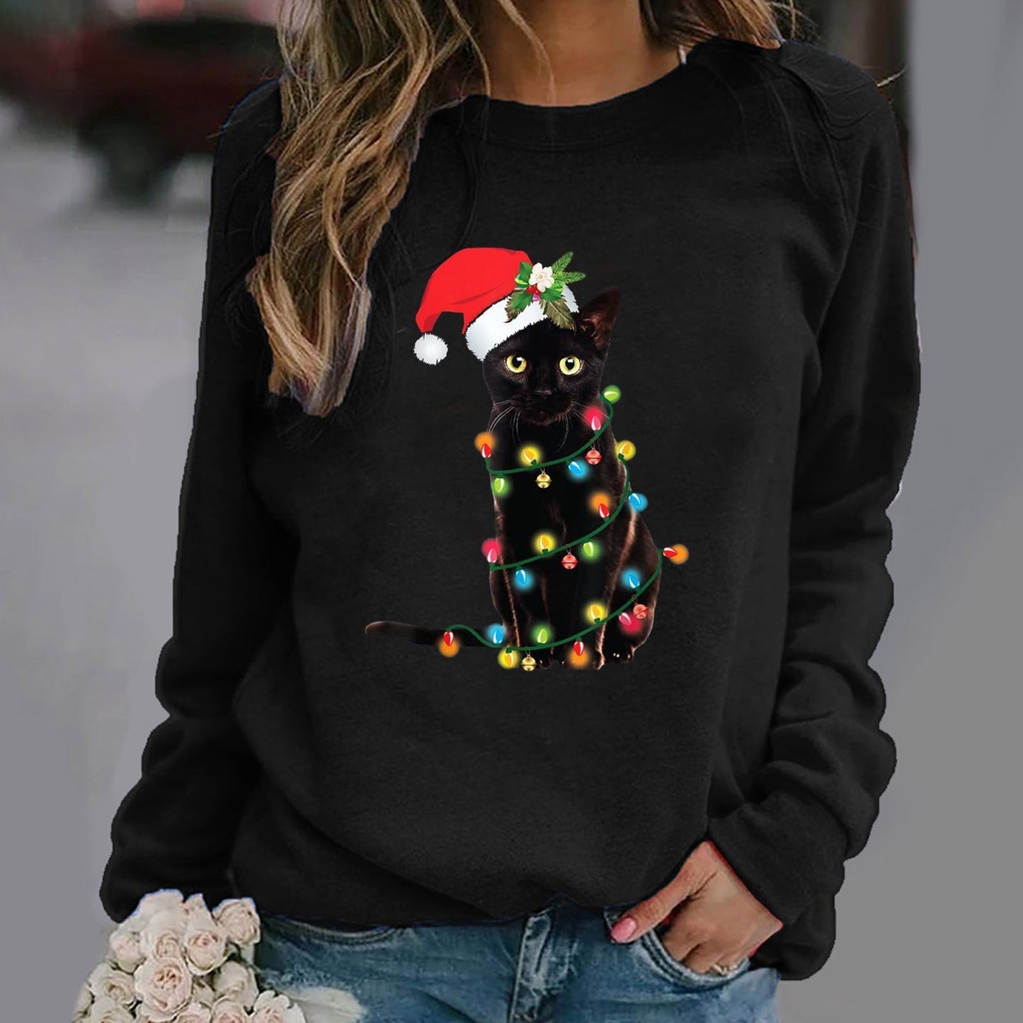 Sweatshirt Femme En Coton Mélangé Coupe Décontractée Col Rond Manches Longues Graphique