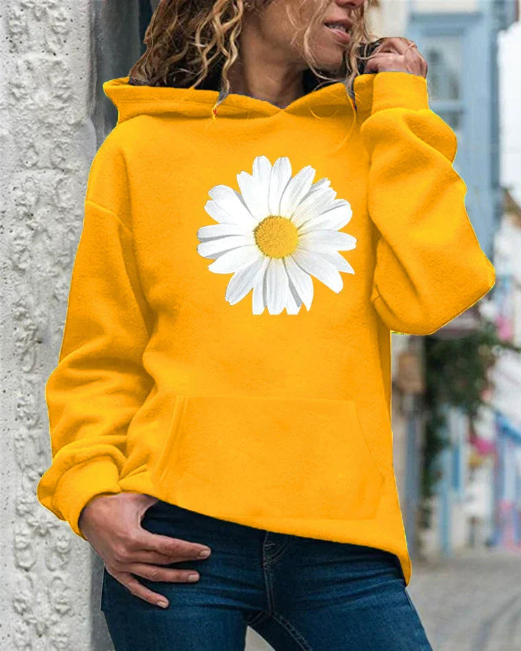 Sweat à Capuche Femme Coupe Décontractée Fleece Doux Motif Marguerites Poche Kangourou Nordisk Flair